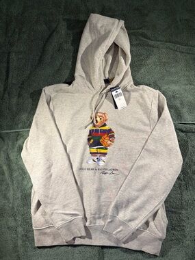 NWT Polo Ralph Lauren Light Gray Polo Bear Basketball Hoodie Size L